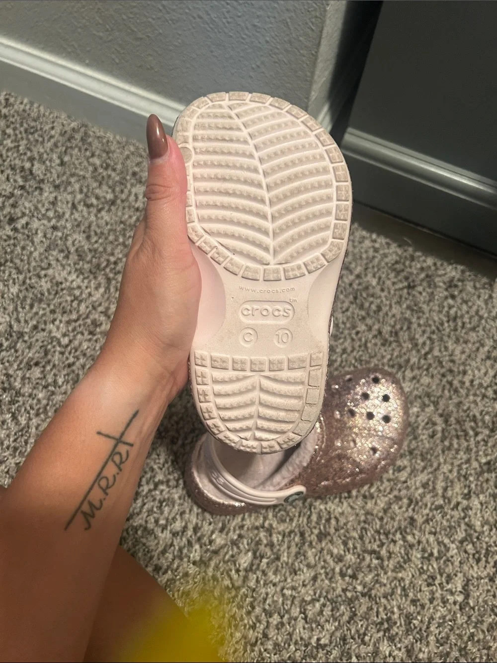 CROCS Kids Glitter Clog in Rose Gold with Light Pink Strap